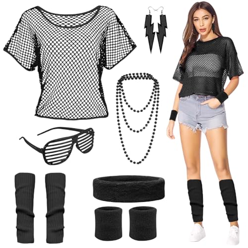 EUBSWA 80er 90er Jahre Outfits für Damen, Netzoberteil 80er Jahre Kleidung Accessoires, 80er Bad Taste Frauen Neon Party, Schwarz von EUBSWA