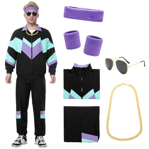 EUBSWA 80er Jahre Outfit für Damen, 80er 90er Retro Anzug Kostüm für Herren, Kostüm Trainingsan für Faschingskostüm Karneval Party (Schwarz,XL) von EUBSWA