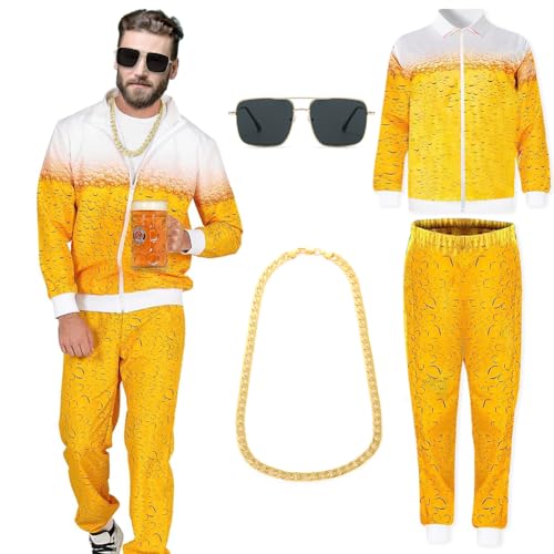 EUBSWA 80er Jahre Outfit für Damen Herren, Kostüm Trainingsanzug, Bieranzug, Kostüm Trainingsan für Faschings Karneval Party (Gelb,XXL) von EUBSWA