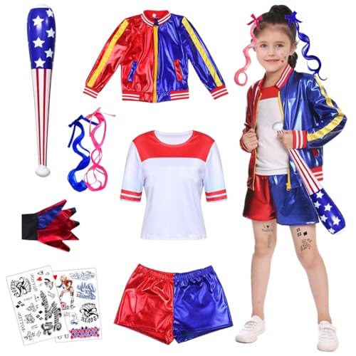 EUBSWA Kostüme Quin Kinder Mädchen 110, 9 Stück Bösewicht Kostüm, Cosplay Suicide Clown Kostüm mit Jacke T-Shirt Shorts Handschuh Perücken Tattoo Baseballschläger für Karneval Faschings Cosplay von EUBSWA