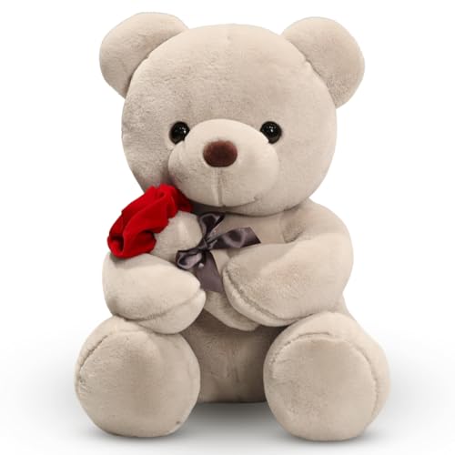 EUBSWA Teddybär mit Rose Plüschtier 35cm, Teddybären Plüsch Kuscheltier Spielzeug Geschenke für Kinder Mädchen Mutter zu Geburtstag, Valentinstag, Braun von EUBSWA