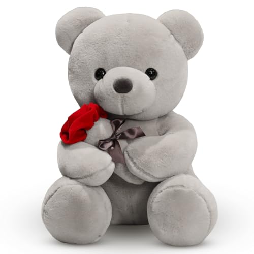 EUBSWA Teddybär mit Rose Plüschtier 35cm, Teddybären Plüsch Kuscheltier Spielzeug Geschenke für Kinder Mädchen Mutter zu Geburtstag, Valentinstag, Grau von EUBSWA