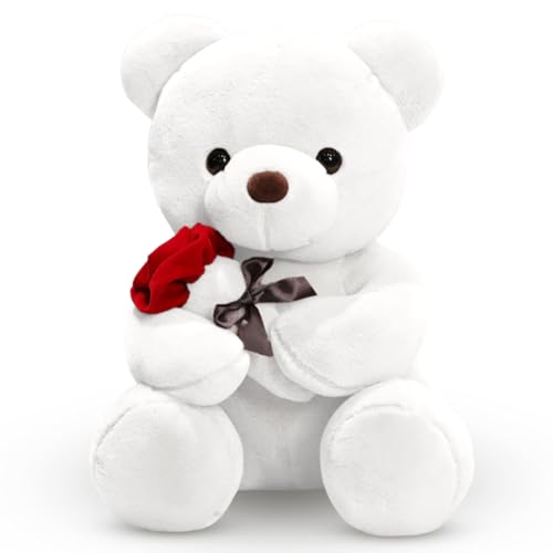 EUBSWA Teddybär mit Rose Plüschtier 35cm, Teddybären Plüsch Kuscheltier Spielzeug Geschenke für Kinder Mädchen Mutter zu Geburtstag, Valentinstag, Weiß von EUBSWA