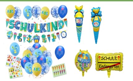 Schulkind 2024 Einschulung Deko für Jungen Mädchen, Girlande Zuckertüten Folienballon Luftballon Konfetti Schulanfang Schuleinführung Deko (Blau) von EUBSWA