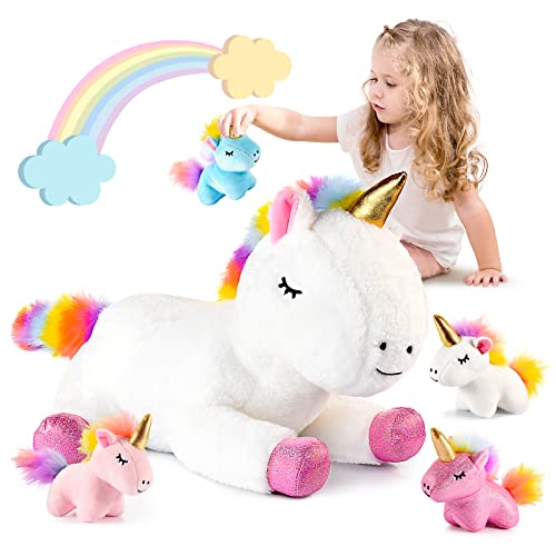 EUCOCO Einhorn Kuscheltier, Einhorn für Mädchen 2 3 4 5 Jahre Spielzeug ab 3-6 Jahre Mama mit Babys Plüschtier Geschenk für Kinder Mädchen 3 4 5 6 7 8 Jahre 5 Pcs Ostergeschenke von EUCOCO