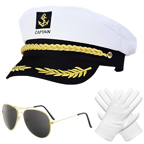 EUDSRODEMY 3 Stück Yacht Kapitän Hut Kapitänsmütze Kostüm Set, Kapitänsmütze Herren, Mit Sonnenbrille, Handschuhe, Kapitän Kostüm, Für Damen Männer Karneval Mottoparty Partys Cosplay ﻿ von EUDSRODEMY