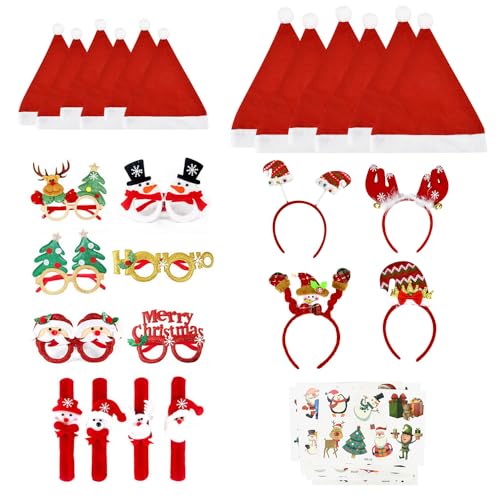 EUIEUT Weihnachten Accessoires Weinachtsdekoration 12 Weihnachtsmützen 4 Haarreif Weihnachten Stirnband 6 Weihnachtsbrille 12 Weihnachten Sticker 4 Weihnachten Schnapparmband Weihnachten Dekoration von EUIEUT