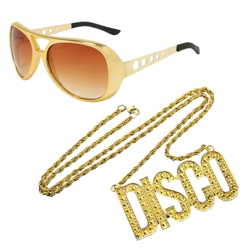 EUPSIIU 2 Stück Brille Disco Kette Gold Zubehör Set, 70er 80er 90er Rapper Hiphop Kostüm, Fasching Goldkette Zuhälter Kostüm Verkleidung für Cosplay Halloween Fasching Karneval Thema Party (Golden) von EUPSIIU