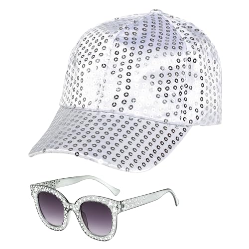 EUPSIIU 2 Stück Disco Accessoires,70er Jahre Kostüm Glitzer Disco Sonnenbrille Strass Pailletten Ohrringe Hut 80er Jahre Outfit Damen für Fasching Karneval Disco Kostüm Damen (2 Stück) von EUPSIIU