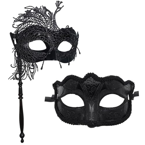 EUPSIIU 2 Stück Maskenmaske mit Stock Venezianische Maske, Mardi Gras Dekorationen Venezianische Masken, Lace Augenmaske Prom Mask für Karneval Kostüm Dekorationen Halloween Maskenball von EUPSIIU