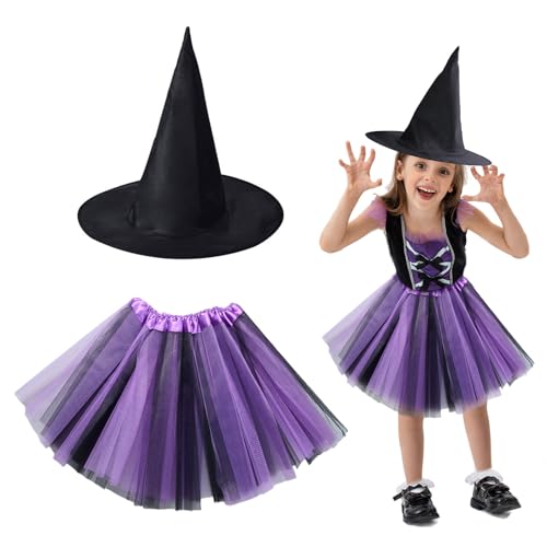 EUPSIIU 2 Stücke Hexenkostüm Halloween Kostüm Kinder, Hexen Kostüm für Karneval, mit Hexenhut und Tutu-Kleid, Halloween Party Deko, Hexenkostüm für Cosplay Fasching Karneval Party (Schwarz-Lila) von EUPSIIU