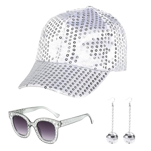 EUPSIIU 3 Stück Disco Accessoires 70er Jahre Kostüm Glitzer Disco Sonnenbrille Strass Pailletten Ohrringe Hut 70er 80er Jahre Outfit Damen für Fasching Karneval Disco Kostüm Damen (3 Stück) von EUPSIIU