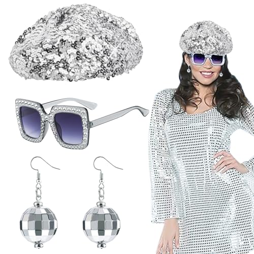 EUPSIIU 3 Stück Disco Kostüm 70er 80er Accessoires mit Pailletten Baskenmützen Hut Bling Sonnenbrille Ohrringe Discokugel Erwachsene Disco Outfit Zubehör Damen Dance Kostüm für Karneval(Silber) von EUPSIIU