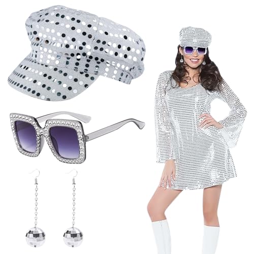 EUPSIIU 3 Stück Disco Kostüm 70er 80er Jahre Accessoires mit Pailletten Hut Bling Sonnenbrille Ohrringe Discokugel, Erwachsene Disco Outfit Zubehör Damen Dance Kostüm für Fasching Karneval (Silber) von EUPSIIU