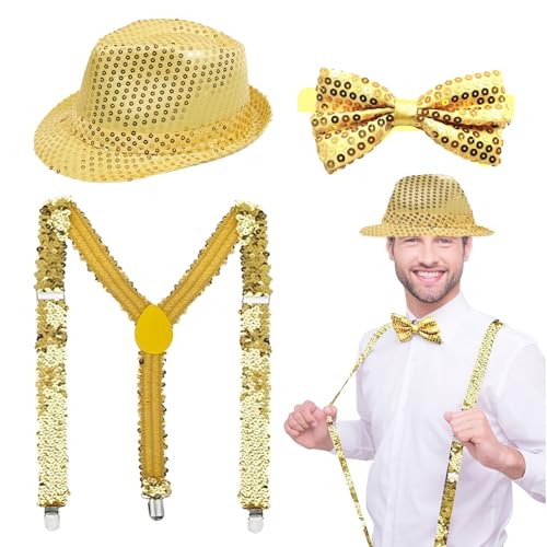 EUPSIIU 3 Stück Gold Pailletten Disco Kostüm Gold Pailletten Hut Hosenträger Pailletten Fliege, Jazz Hip-Hop Dance JGA Kostüm Zubehör Erwachsene Kinder Jazz Performance Cosplay Abschlussball von EUPSIIU