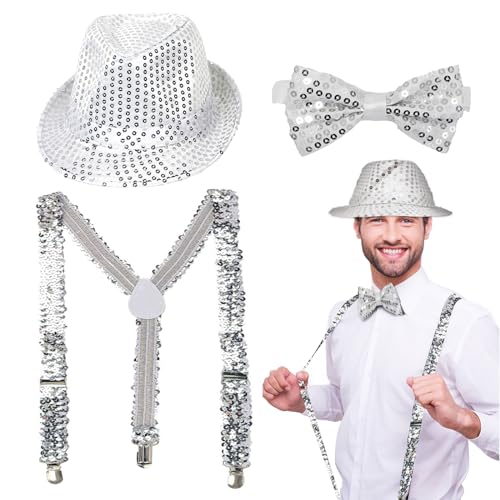 EUPSIIU 3 Stück Pailletten Kostüm Jazz Hip-Hop Dance Performance JGA Kostüm Zubehör mit Silber Jazz Hut Hosenträger Pailletten Fliege Latin Jazz Mardi Gras Cosplay Abschlussball(Silber) von EUPSIIU