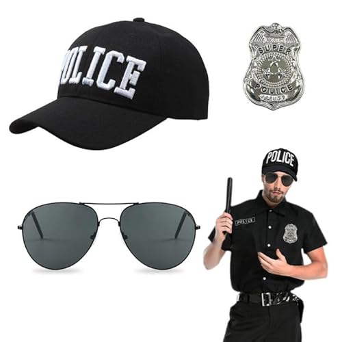 EUPSIIU 3 Stück Polizei Kostüm Set mit Polizei Hut Sonnenbrille Polizist Abzeichen, Polizei Käppi Kappe Polizei Cap Polizeimütze Detective Cop Swat Rollenspiel Zubehör Halloween Party Dress up (3PCS) von EUPSIIU