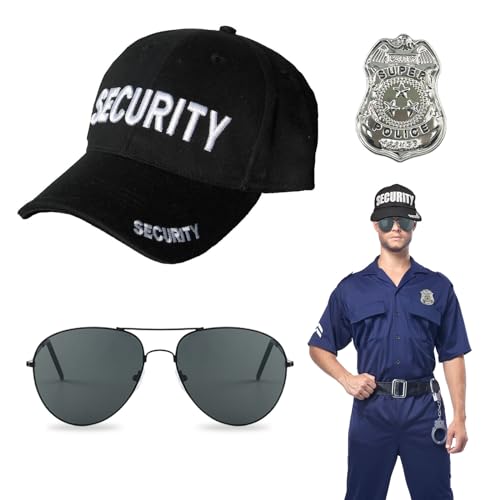 EUPSIIU 3 Stück Polizei Kostüm Set mit Sicherheit Hut Sonnenbrille Polizist Abzeichen, Polizei Kappe Polizei Polizeimütze Detective Cop Swat Rollenspiel Zubehör Halloween Party Dress up (Schwarz) von EUPSIIU