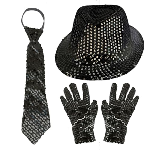 EUPSIIU 3 Stück Shinny Pailletten Kostüm Jazz Hip-Hop Dance Performance Zubehör mit Pailletten Hut Krawatte Pailletten Handschuhe Halloween Latin Jazz Mardi Gras Cosplay Abschlussball von EUPSIIU