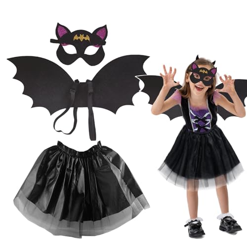 EUPSIIU 3 Stücke Tierkostüm Kinder, Kostüm Fledermaus Kinder, Vampirfledermaus-Kostümzubehör, Prinzessin Fledermaus Rock, Zubehör Augenmaske Fledermausflügel, für Karneval Cosplay Halloween (Schwarz) von EUPSIIU