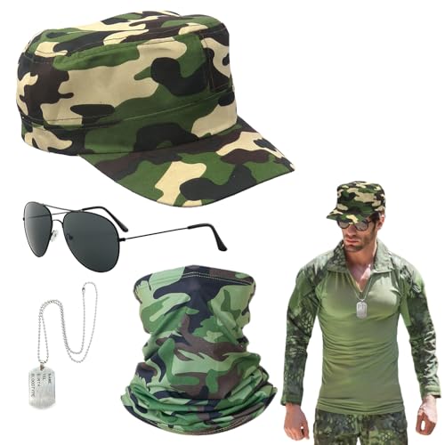 EUPSIIU 4 Stück Flieger Captain Kostüm für Männer Damen Armee Taktische Militärmütze Accessoires Hüte Camo Schal Sonnenbrille Erkennungsmarke Armee Fancy Dress für Zubehör Halloween Kostüm von EUPSIIU