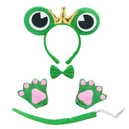 EUPSIIU 4 Stück Froschkostüm für Kinder Halloween Tierkostüm Frosch Stirnband Schleife Handschuhe Schwanz Kostüme Frösche Tier kostüm für Kinder Fasching Tier Fency Dress Mädchen Geschenk(Grün) von EUPSIIU