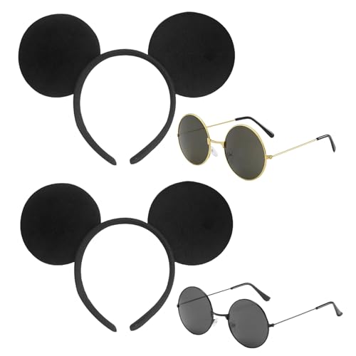 EUPSIIU 4 Stück Haarreifen in Schwarz mit Maus Ohren für Kinder & Erwachsene, Cartoon Maus Kostüm mit Mausohren Stirnband Sonnenbrille Runde für Tier Cosplay Karneval Halloween Kostümfeste (Schwarz) von EUPSIIU