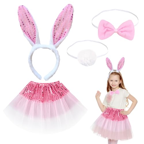 EUPSIIU 4 Stück Hase Cosplay Kostüm Zubehör Kaninchen Hasenohren Stirnband inklusive Tier-Tutu-Rock für Kinder Mädchen Cosplay Geburtstagsfeier Karneval Ostern Bunny Kostüm Zubehör(4 Stück) von EUPSIIU