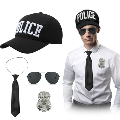 EUPSIIU 4 Stück Polizei Kostüm Set mit Polizei Hut Sonnenbrille Polizist Abzeichen Krawatte, Polizei Kappe Polizei Polizeimütze Detective Cop Swat Rollenspiel Zubehör Halloween Dress up (Schwarz) von EUPSIIU