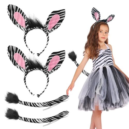 EUPSIIU 4 Stück Zebra Kostüm Set, Tier Ohren Stirnband und Schwanz Set, Tierohren Stirnband, Ohren Stirnband Set, Fancy Kleid Party Dschungel Party Halloween Karneval Mottoparty Accessoire von EUPSIIU