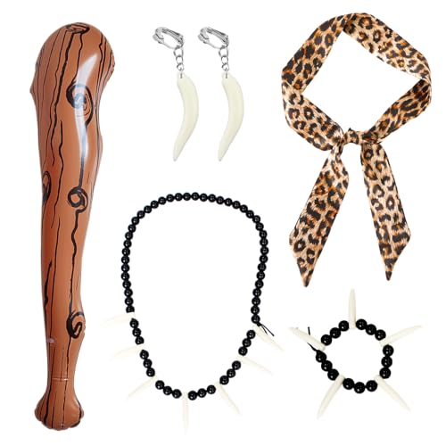 EUPSIIU 5 Stück Damen Höhlenfrau kostüm Leoparden Kostüm Set Aufblasbare Waffe Tier Leopard Stirnband für Kostüm Party Dekoration Zubehör Steinzeit Mottoparty Kannibale Höhlenmensch (5 Stück) von EUPSIIU