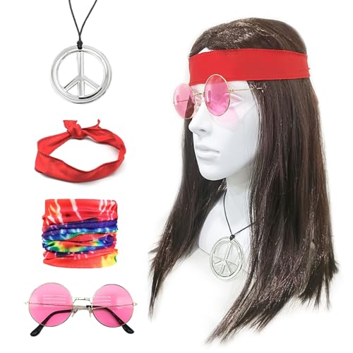 EUPSIIU 5 Stück Hippie Set mit Perücke 70er Kostüme Peace Halskette Stirnband runde Sonnenbrille 70er Jahre Fasching Karneval Heavy Metal Rock 70er 80er 90er Jahre Outfit Herren Damen (5 Stück) von EUPSIIU