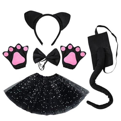 EUPSIIU 5 Stück Kostüm Katze Mädchen Tierkostüm Kinder mit Katzenohren Stirnband Kätzchen Schwanz Fliege Pfoten Handschuhe Tutu für Karneval Halloween Kostüm Katze Ohren Cosplay Partys (Schwarz) von EUPSIIU