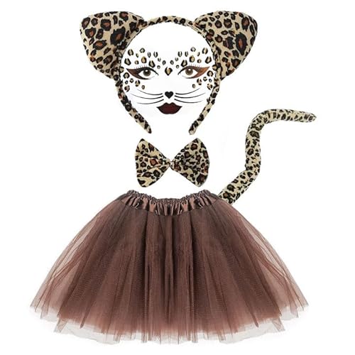 EUPSIIU 5 Stück Leopard Kostüm Set Tierkostüm Kinder inklusive Tutu Rock, Leopard Ohren Stirnband, Schwanz, Fliege Leopard Gesicht Kunst Aufkleber, für Halloween Geburtstag Kostüm Party (Braun) von EUPSIIU