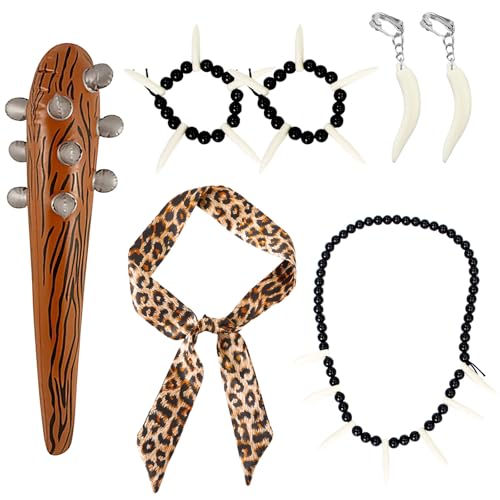 EUPSIIU 6 Stück Damen Höhlenfrau kostüm Leoparden Kostüm Set Aufblasbare Waffe Tier Leopard Stirnband für Kostüm Party Dekoration Zubehör Steinzeit Mottoparty Kannibale Höhlenmensch (6 Stück) von EUPSIIU