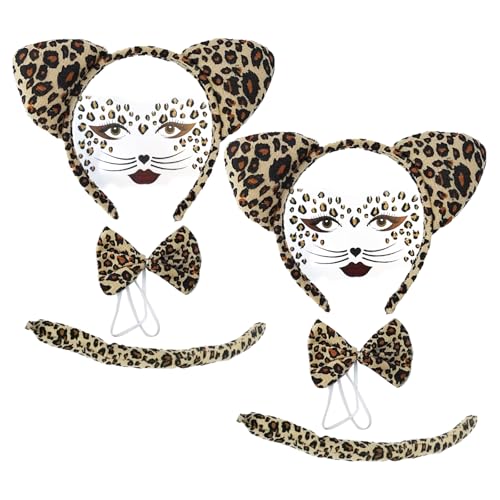 EUPSIIU 8 Stück Leopard Kostüm Set, Tierkostüm Kinder inklusive Leopard Ohren Stirnband Schwanz Fliege Leopard Gesicht Kunst Aufkleber für Halloween Geburtstag Kostüm Party (Braun) von EUPSIIU