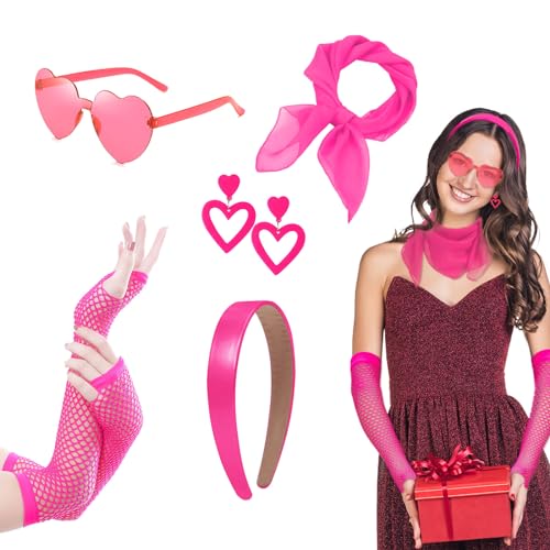 EUPSIIU 80er 90er Jahre Outfit Damen Jahre Retro Party Set, Stirnband, Rosa Herz Ohrringe, Herz Sonnenbrille, Halstuch Netzhandschuhe, für Karneval Party, Festivals Fasching Party Costume (Rosa) von EUPSIIU