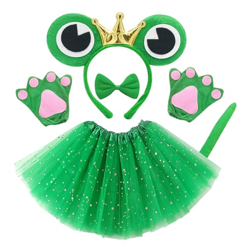 EUPSIIU Froschkostüm für Kinder Halloween Tierkostüm Frosch Stirnband Schleife Handschuhe Schwanz Tutu Kostüme Frösche für Kinder Fasching Tier Frosch Fency Dress Mädchen Geschenk Karneval (Grün) von EUPSIIU