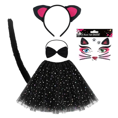 EUPSIIU Kostüm Katze ohren Mädchen Tierkostüm Kinder mit Katzenohren Stirnband Kätzchen Tattoo Gesicht Fliege Tutu für Kinder Karneval Fasching Halloween Kostüm Katze Ohren Cosplay Partys(Schwarz) von EUPSIIU