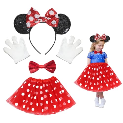 EUPSIIU Kostüm Maus für Mädchen Maus Tierkleid Cosplay Set Mausnohren Haarreif mit roter Schleife Maus Ohren Glitter Kragen Pfoten Handschuhe Tutu für Mädchen Halloween Fasching Karneval (Rot) von EUPSIIU