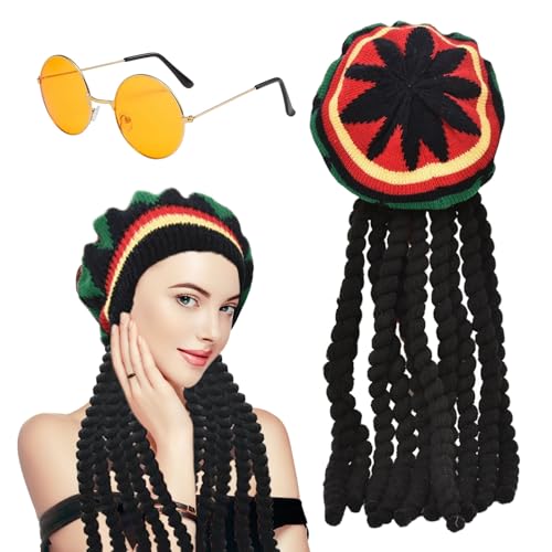 EUPSIIU Strickmütze mit Dreadlocks Brille Mütze Rasta Dreadlocks, Jamaika-Mütze mit Dreadlocks, Schwarze Geflochtene Perückenkappe, für Karneval, Halloween, Fasching, Mottoparty von EUPSIIU