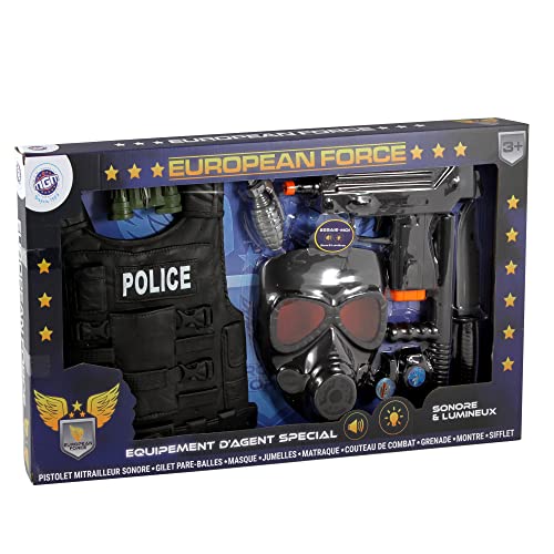 EUROPEAN FORCE 183303 European FORCE-Polizei-Set-Verkleidungszubehör-183303-Schwarz-Kunststoff-Militär-Kinderspielzeug-Karneval-Kostüm-Spezialagent-60 cm x 34 cm-Ab 3 Jahren, Mehrfarbig von EUROPEAN FORCE