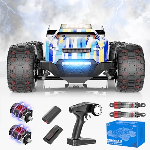 EVARY Ferngesteuertes Auto 1:16 Bürstenloser Motor 60+ km/h, 4WD RC Monstertruck mit Farbiges Licht, 2 Akku, 2.4-GHz All-Terrain Rennauto, Crawler Spielzeug Geschenk für Kinder von EVARY