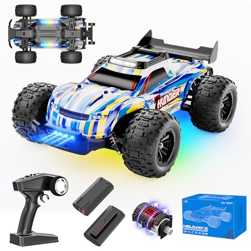 EVARY Ferngesteuertes Auto 1:16 Bürstenloser Motor 60+ km/h, 4WD RC Monstertruck mit Farbiges Licht, 2 Akku, 2.4-GHz All-Terrain Rennauto, Crawler Spielzeug Geschenk für Kinder von EVARY