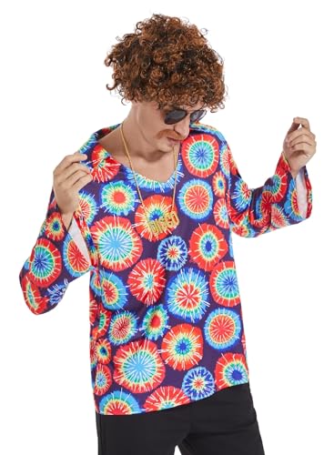 EVELUST 70er Jahre Retro Hippie Herrenhemd - Psychedelischem Flower Muster V Ausschnitt Trompetenärmeln Karneval Kostüm Bunte Disco Dance Party Festival Bluse Fasching Oberteil(Blue,2XL,1411w) von EVELUST