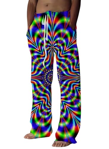 EVELUST Herren Bunte Psychedelische Jogginghose - 70er 80er Hippie Karneval Kostüm Breite Beine Bequeme Freizeithose Fashion Faschings Jahre Hose Disco Mottoparty Schlaghose(Blue,2XL,1413w) von EVELUST