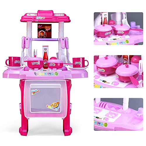 EVERGD Küche Spielset Rollenspiel Klein Küchenspielzeug Spielset mit Licht und Sound 24 Zubehörteile Enthalten Bestes Geschenk für Jungen Mädchen (Rosa) von EVERGD