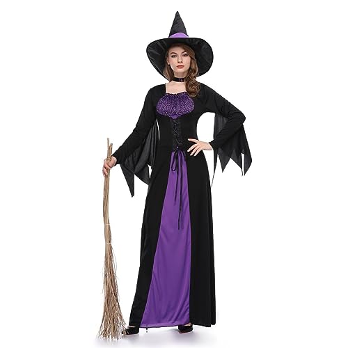 EVGVAT Damen Hexe Kostüm Halloween Kostüm mit Hexenhut für Erwachsene Cosplay (Medium, Lila) von EVGVAT