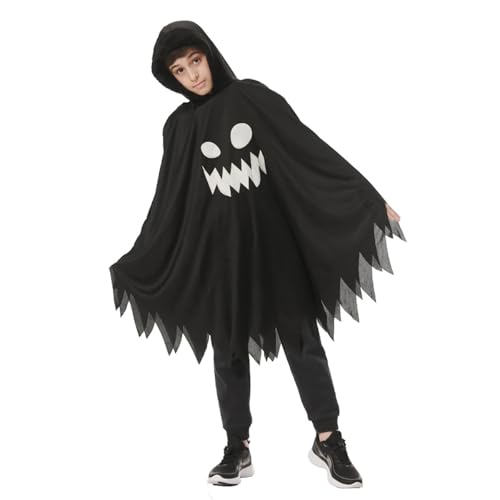 EVGVAT Geisterkostüm für Kinder, für Jungen und Mädchen, leuchtet im Dunkeln, Halloween, Cosplay, Umhang (Schwarz, 10–12 Jahre) von EVGVAT