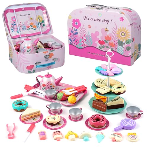 Teeparty-Set, Rollenspielzeug für Kinder, Mädchen, tragbares Teeparty-Set, 56-teilig, inklusive Kuchen, Dessert, Keks, Kaffeetasse, Geschirr und Teller, Kinder-Teeservice, von EVTSCAN